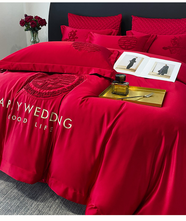 Fabricante boda al por mayor bordado conjunto de cuatro piezas conjunto de cama sábanas conjunto de edredón estilo de cama red happy wedding kit pic 10