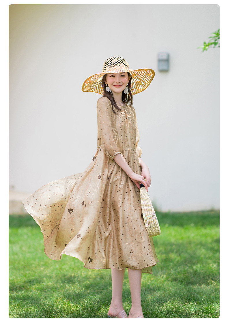 荣太设计师定染黑桃印花真丝连衣裙女拼接欧根纱桑蚕丝裙子系带详情30