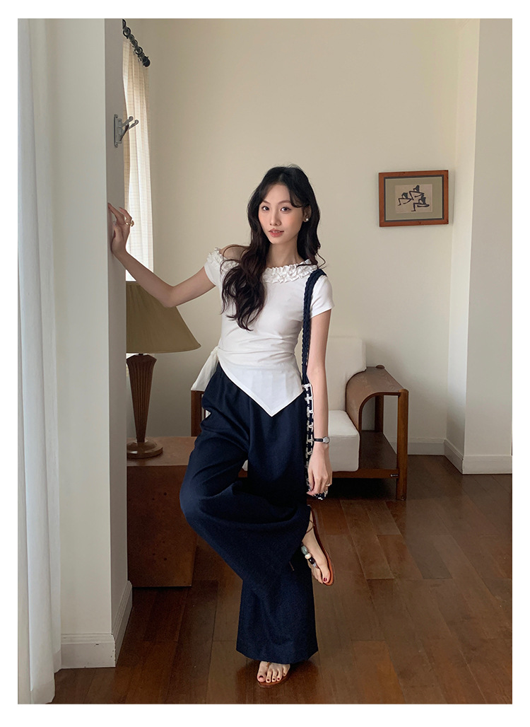 爱西里2025夏季减龄甜美拼木耳花边斜肩下摆不规则短袖T恤女13835详情23