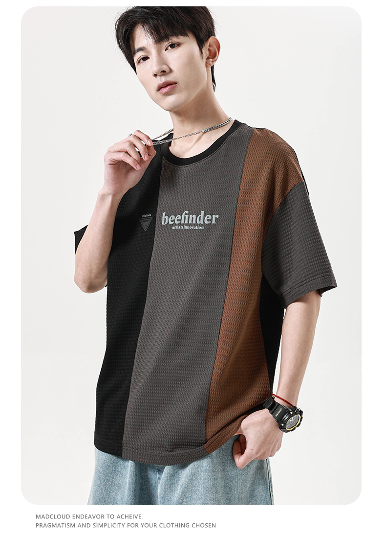 Summer Waffle short-sleeved T-shirt for men, loose round neck, color-blocked trendy brand, Japanese retro half-sleeved men pic 6