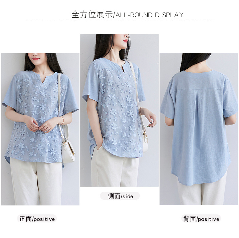 2022夏季新款速卖通欧美女装蕾丝刺绣短袖衬衫宽松女士上衣T恤详情4
