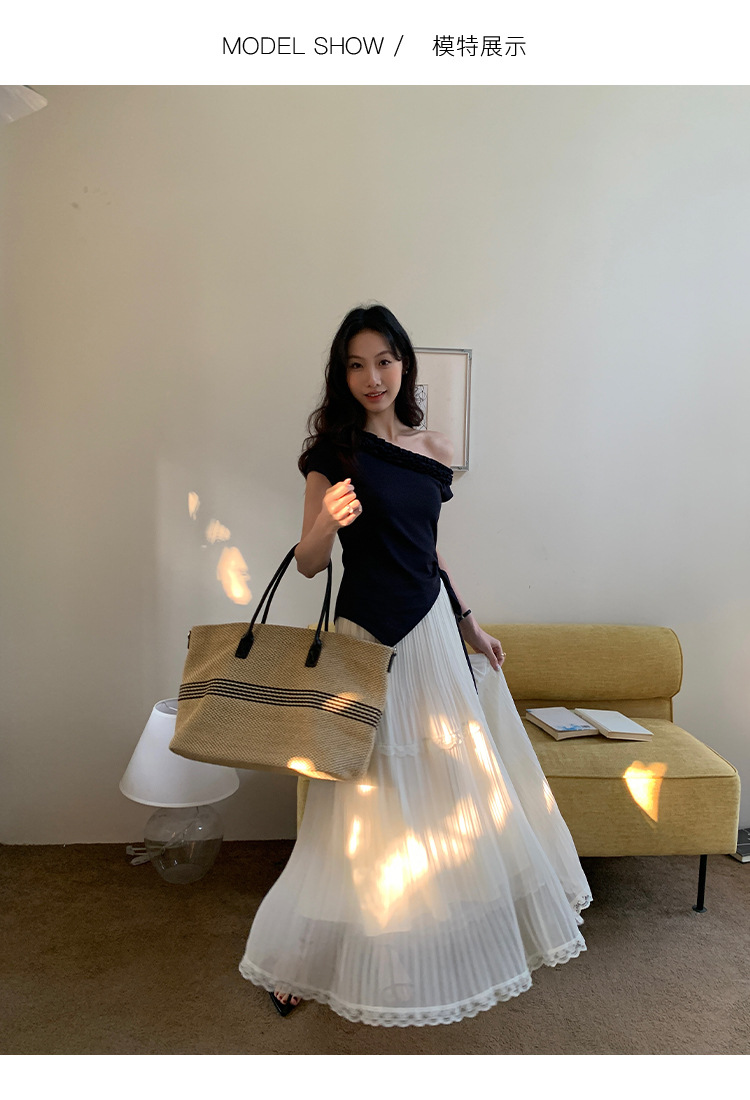 爱西里2025夏季减龄甜美拼木耳花边斜肩下摆不规则短袖T恤女13835详情10