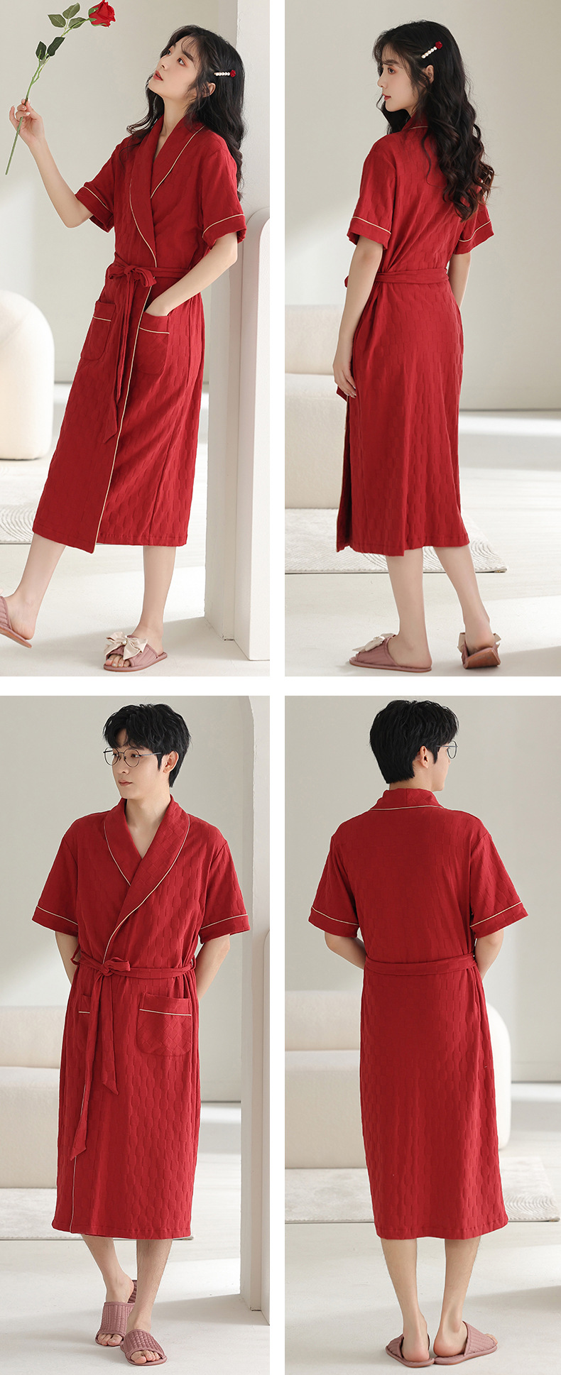 纯棉情侣睡衣夏季结婚新婚大码男士开衫长裤本命年红色家居服夏女详情20