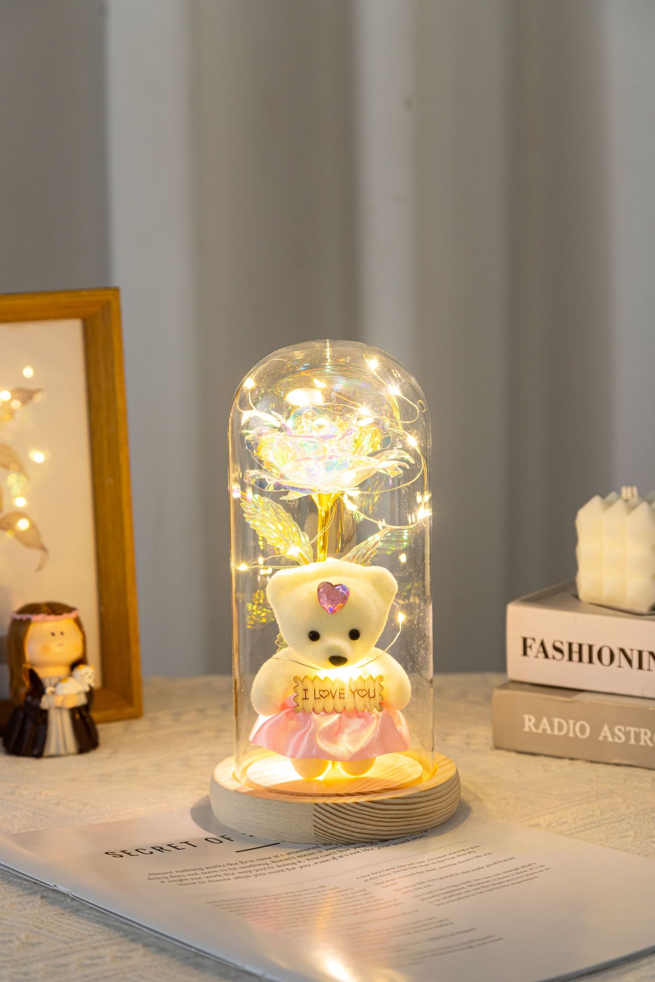 玻璃罩玫瑰花仿真摆母亲节礼物金箔花泡沫熊灯发光装饰品创意摆件详情10