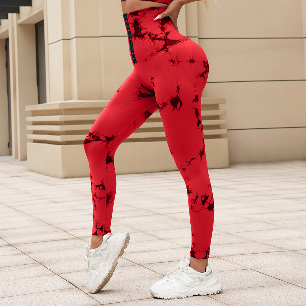 新品无缝扎染瑜伽裤高腰收腹排扣紧身裤提臀健身裤跑步塑身运动裤详情13