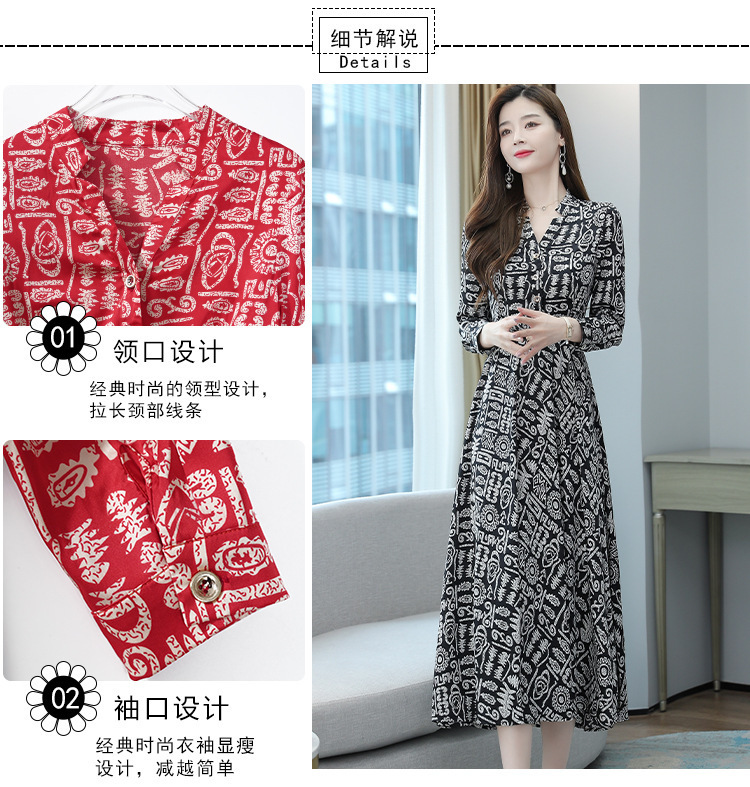 真丝女士连衣裙女春夏优雅风高端高级印花v领桑蚕丝A字长裙子新款详情3