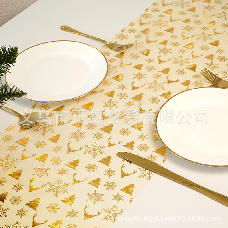 新款现代简约时尚创意大方高级感圣诞桌旗欧根纱烫金色雪花鹿头节日餐桌装饰材料桌布桌旗详情4