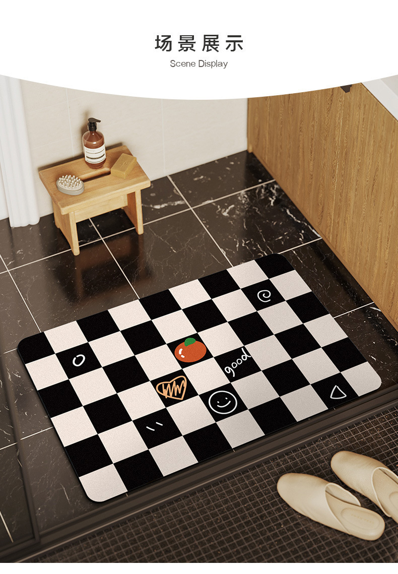 黑白棋盘格笑脸厨房进门防滑地毯硅藻泥软垫卫生间吸水速干脚垫子详情7