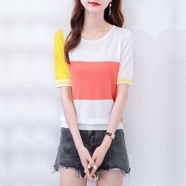 t恤高档夏季女装新款宽松韩版上衣女士针织衫短袖打底衫碎花条纹详情3