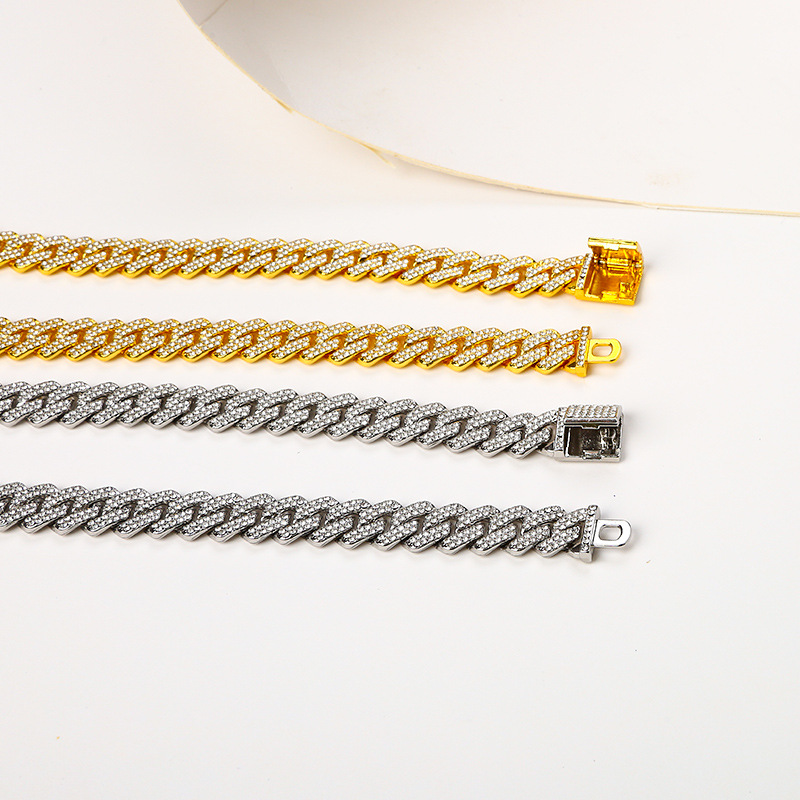 14MM欧美个性嘻哈菱形满钻翻盖扣头时尚嘻哈链条古巴手链项链详情4