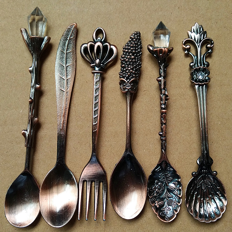 Retro European court tableware 6-piece set: fruit fork, cake fork, pomegranate flower, coffee spoon, small spoon, gold and silver, bronze, dessert spoon, dessert fork, coffee mixing spoon, tableware, ice cream spoon, fork spoon pic 26