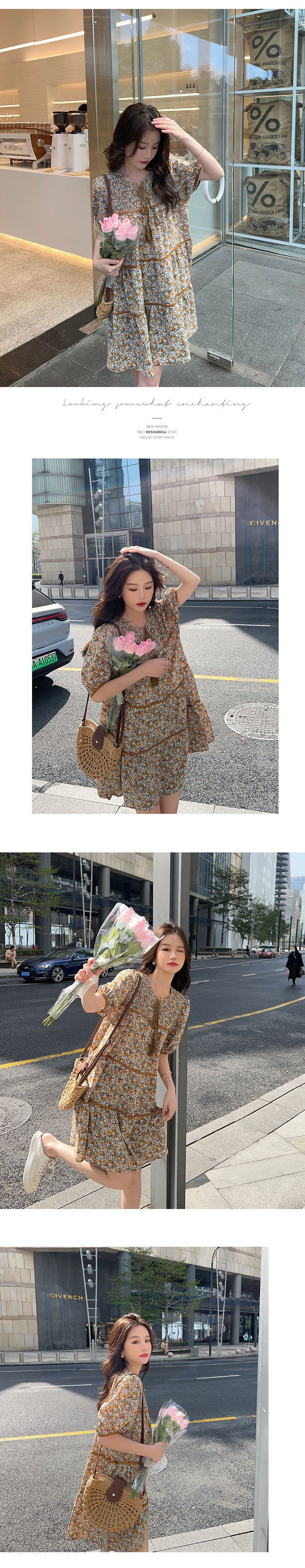 孕妇碎花连衣裙夏装大码宽松上衣小个子复古雪纺裙子潮妈气质短裙详情1