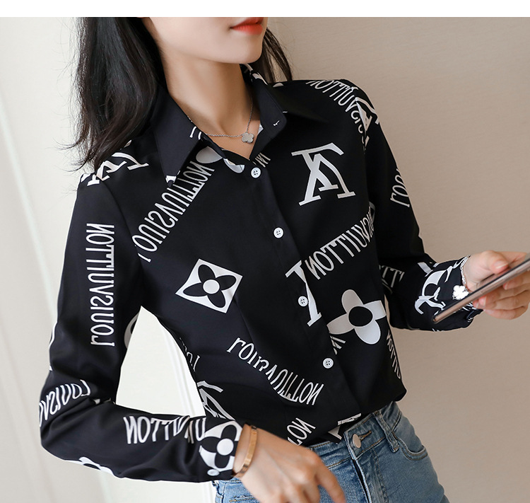 New spring and autumn Korean-style slim-fit shirt for women, long-sleeved printed striped trendy base layer, Hong Kong-style top for women pic 57