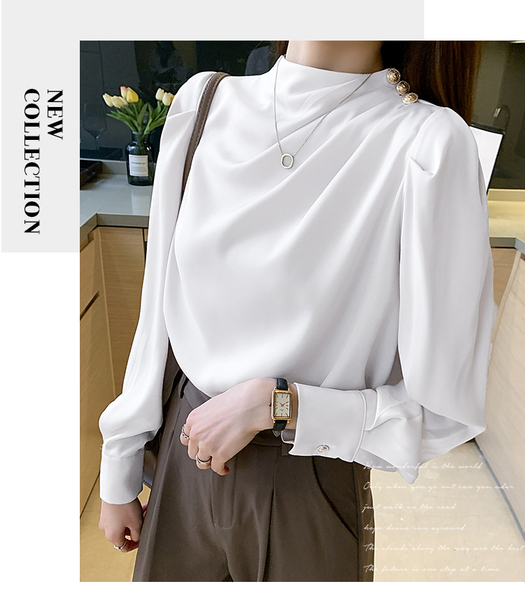 外贸供货2023轻熟气质立领褶皱灯笼袖时尚长袖上衣宽松女士衬衫详情55