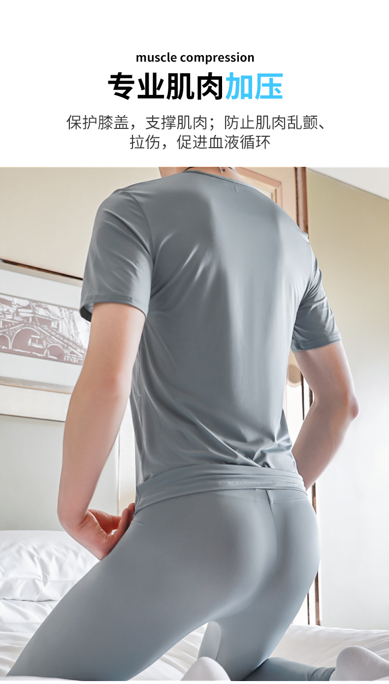 夏季男式家居服套装冰丝超薄紧身面膜衣丝滑凉感高弹力短袖套装男详情10