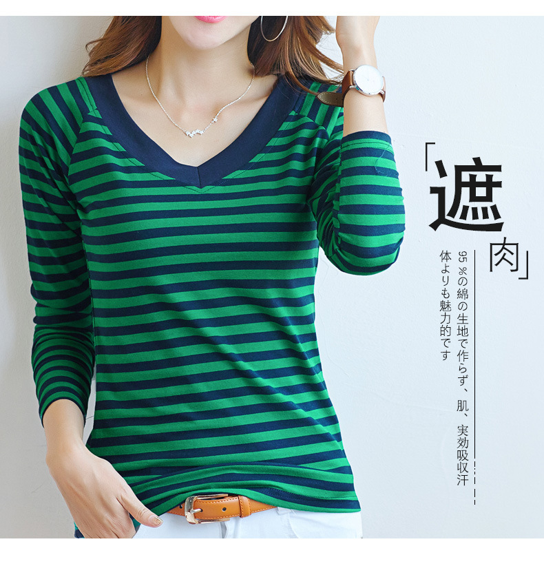 2022 Spring/Summer New Korean-style slim and slimming striped V-neck long-sleeved T-shirt for women, high-quality cotton elastic base layer pic 9