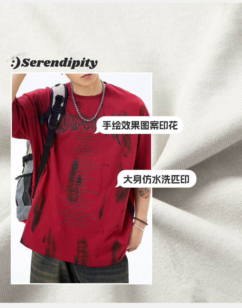 手绘印花纯棉T恤男2024夏季美式休闲情侣短袖做旧擦色复古体恤衫q详情4
