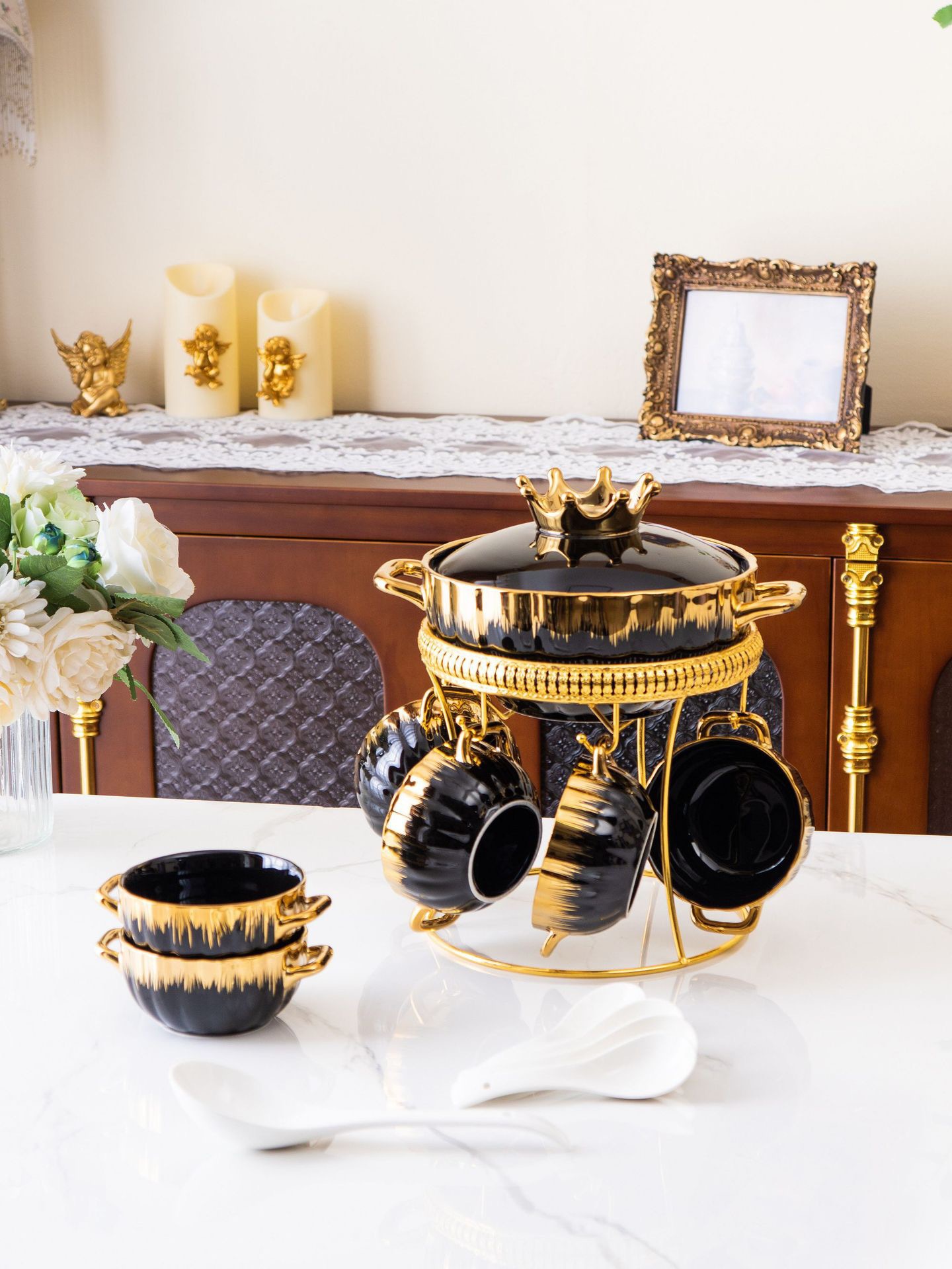 出口创意家用餐具镀金汤锅带盖高档轻奢双耳陶瓷汤锅套装带铁架详情4