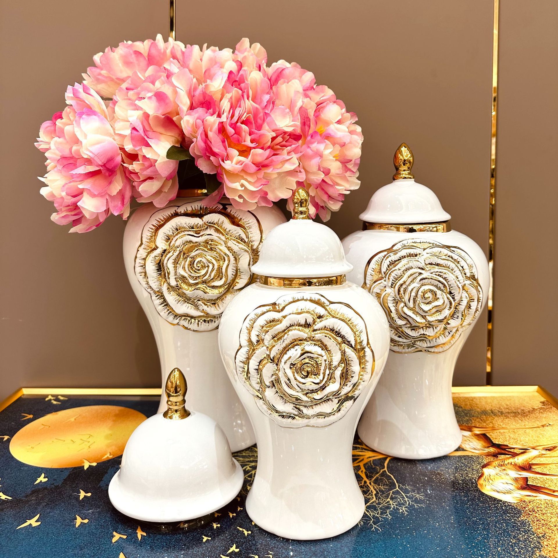 2025 New European-style electroplated gold ceramic general vase decoration, light luxury handicrafts, model room soft decoration, entrance hall decoration, vase wholesale, ceramic vase, simulated flower belt vase, vase, vase, hydroponic vase pic 1