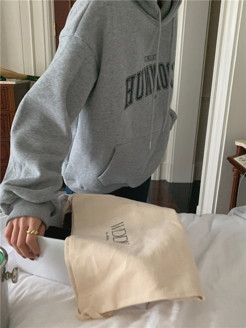 Letter-printed pullover with fleece hooded sweatshirt for women 2023 autumn/Winter new style Korean loose and versatile long-sleeved top pic 57