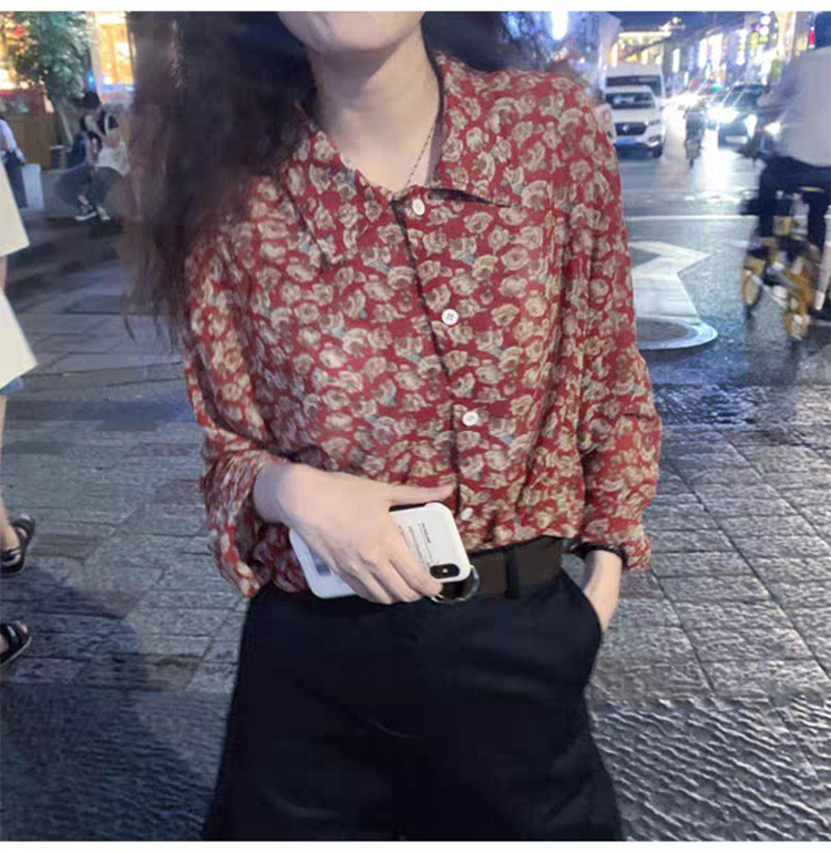 雪纺碎花衬衫女复古港味长袖宽松百搭休闲港风印花设计感小众上衣详情14