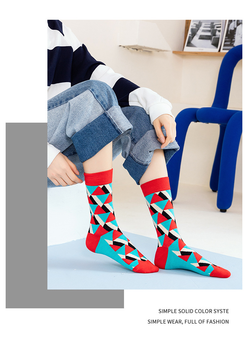 Cross-border niche trendy mid-calf socks, European and American best-selling couple geometric pattern printed cotton socks, ins color-blocking long socks pic 11