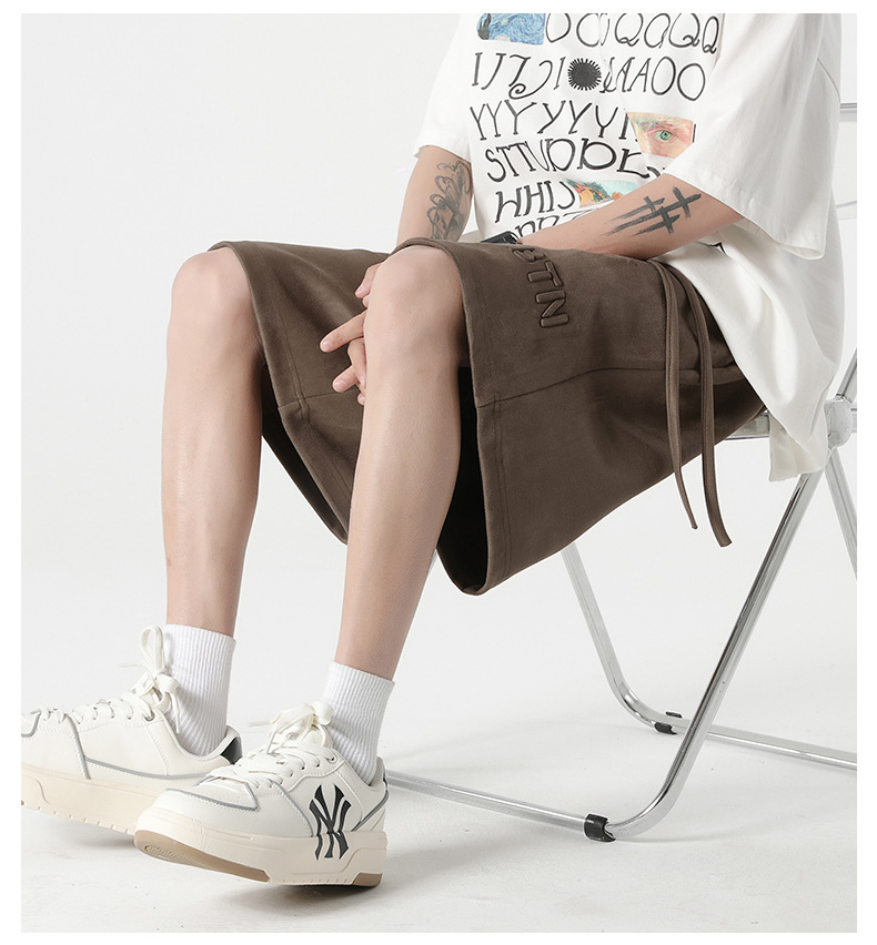 休闲短裤男生夏季新款麂皮绒宽松弹力五分裤美式钢印直筒运动裤子 pic 6