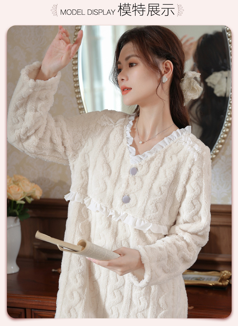 长袖加绒睡裙女冬加厚保暖双面法兰绒珊瑚绒长款家居服可外穿睡衣详情9