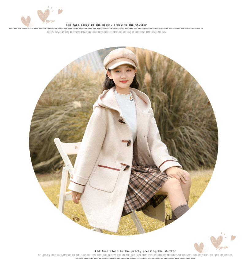 21516 College-style woolen coat 2021 Autumn/Winter new style for junior high school students, winter wear for girls with horn buttons and woolen fabric pic 7