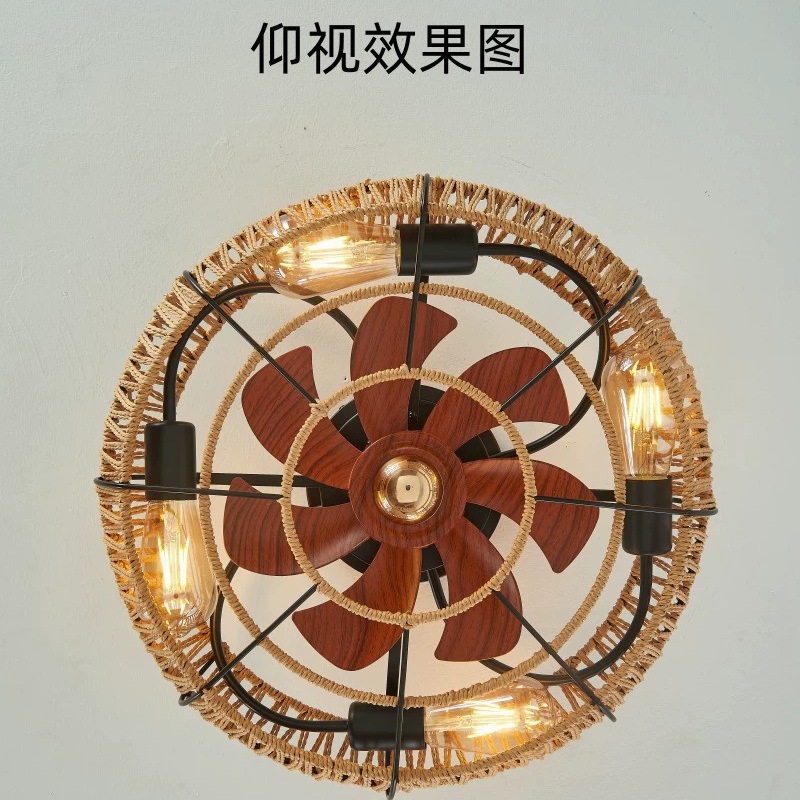 Cross-border 110V invisible American standard hanging electric fan lamp with hemp rope, variable frequency bedroom, dining room and living room ceiling lamp, rope weaving lamp pic 2