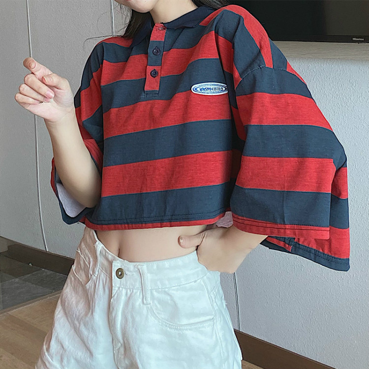 Real photos of Japanese-style retro polo shirts for women in summer, short-sleeved loose Hong Kong-style half-sleeved T-shirts, and summer tops pic 9