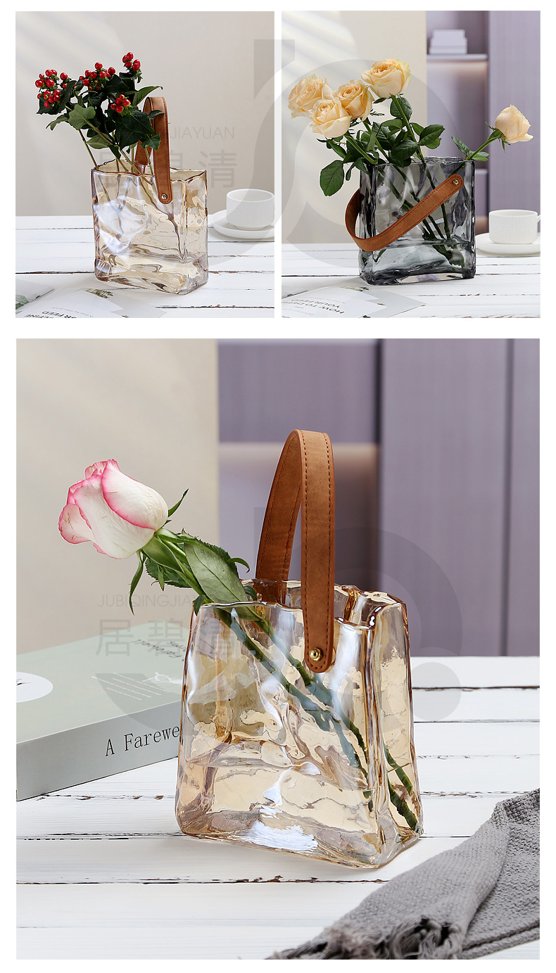 北欧ins风皮带褶皱手提包包玻璃花瓶设计师奶油鲜花花篮详情11