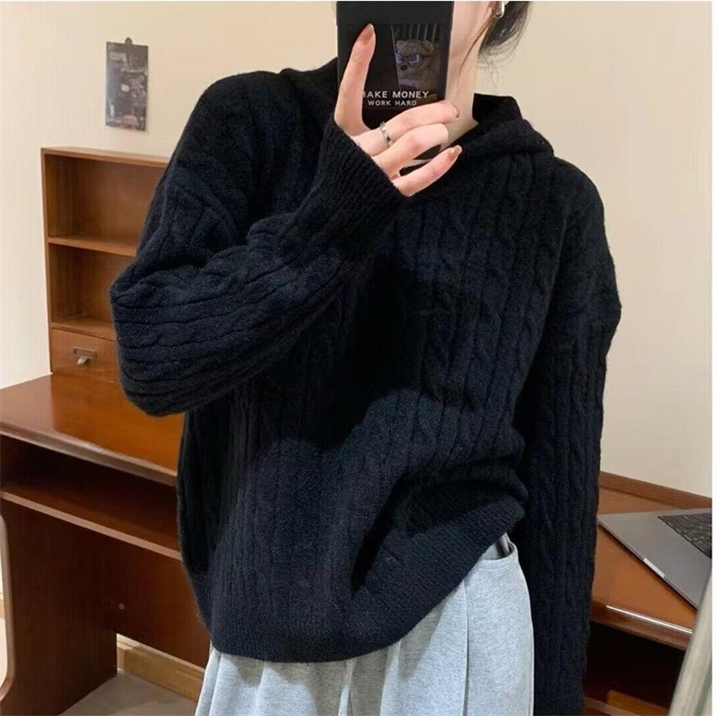 Hooded braided Korean-style laid-back sweater for women 2023 autumn/Winter new casual and versatile loose knitted pullover for women pic 10