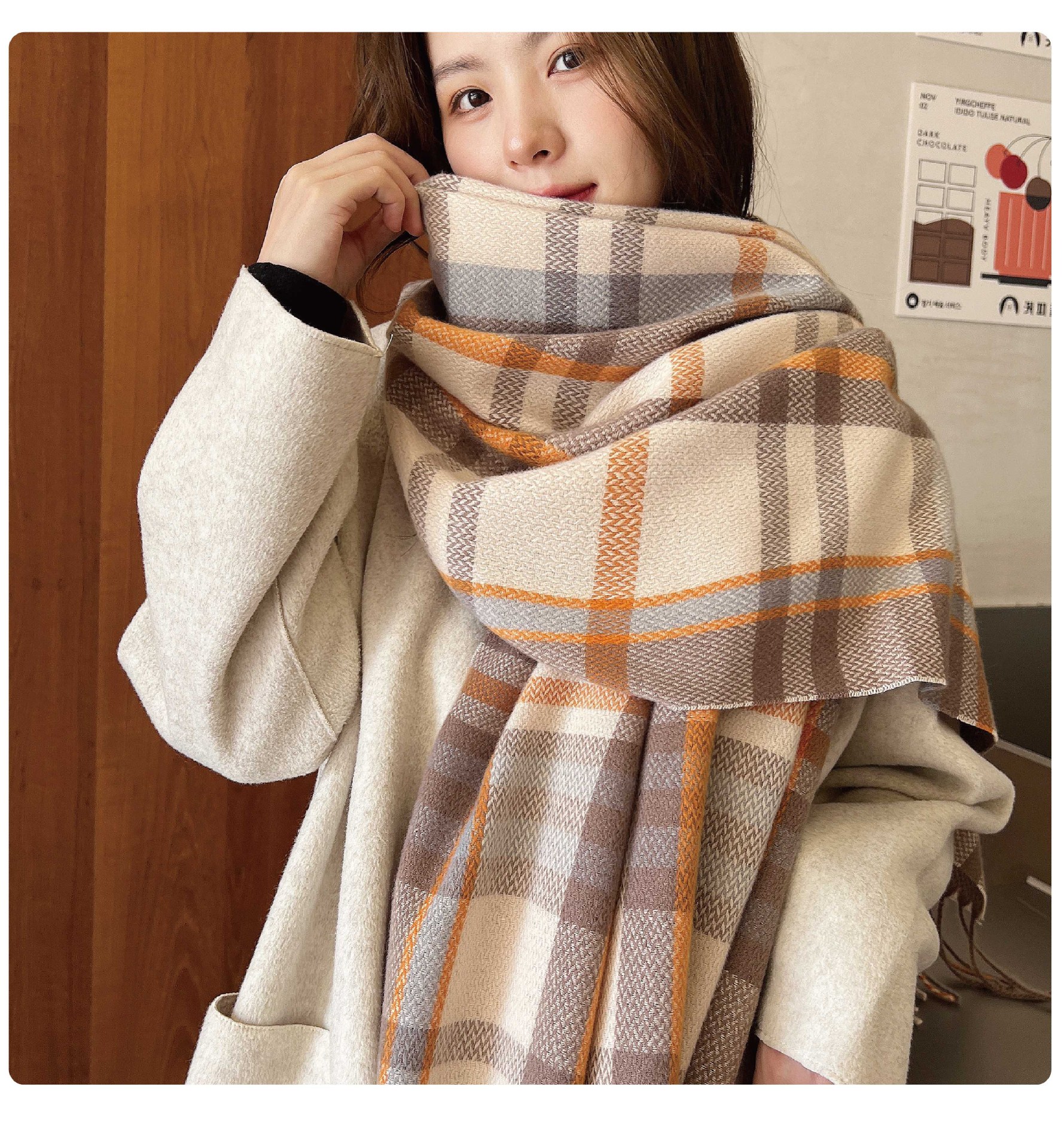 2023新款加厚围巾韩国甜美保暖仿羊绒围巾格子披肩围脖女工厂批发详情19