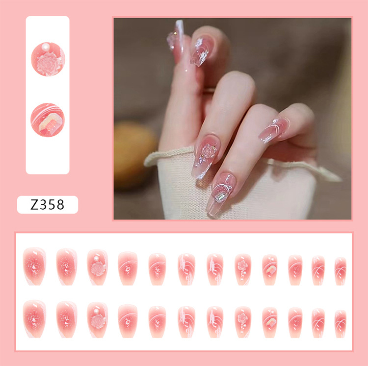 Three-dimensional relief camellia pearl aurora square diamond nail art pieces, wearable nail products wholesale, Long Island iced tea short ballet pic 4