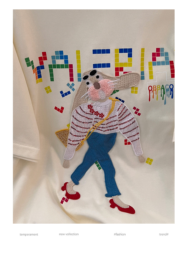 实拍32支双纱纯棉螺纹领短袖t恤女夏2023刺绣花圆领上衣大码女装详情7