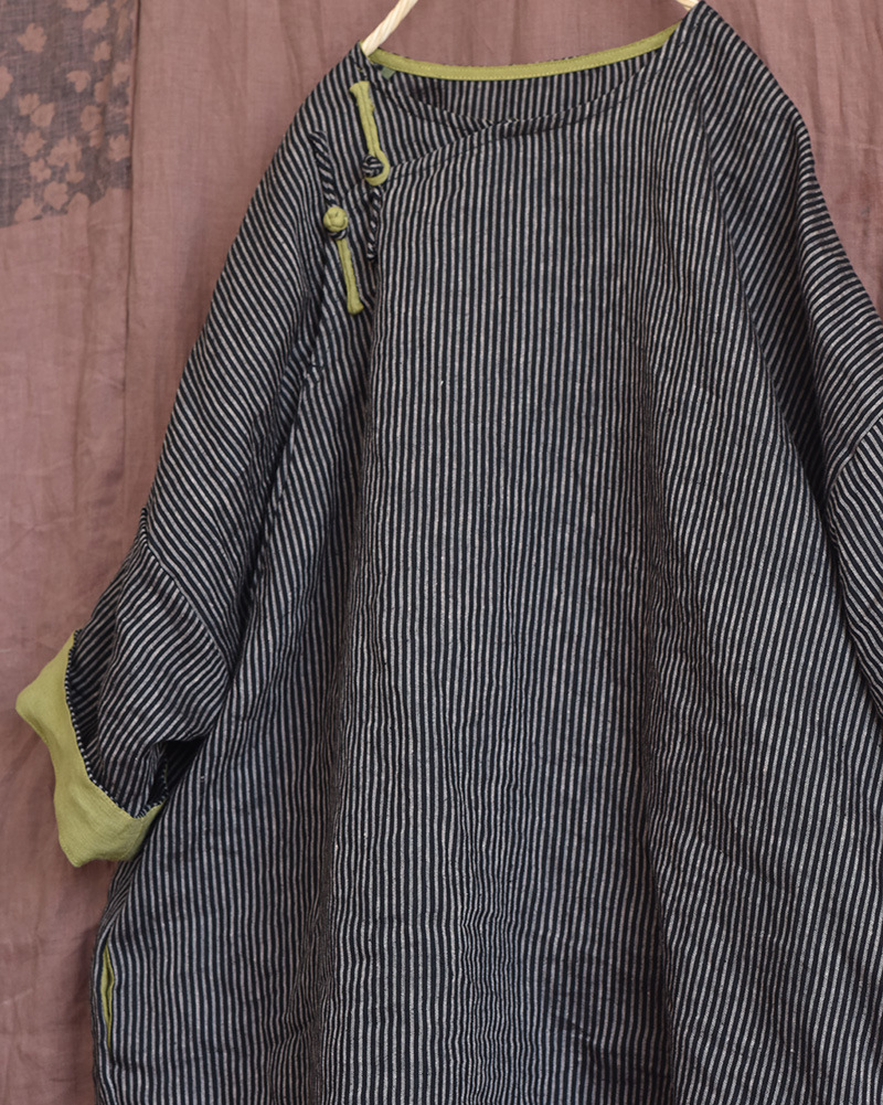 Hyacinth/Original striped contrasting color diagonal lapel hand-sewn button-up retro loose robe patchwork mid-length dress pic 18
