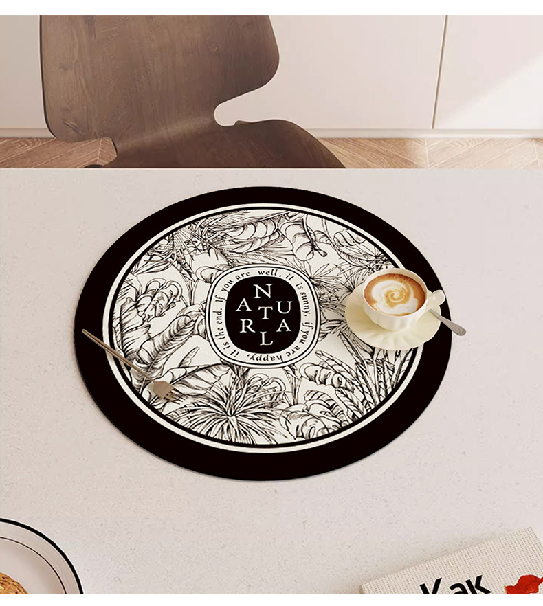 黑白复古皮革吸水杯垫硅藻泥隔热餐垫轻奢高级感碗盘垫咖啡垫茶杯详情7