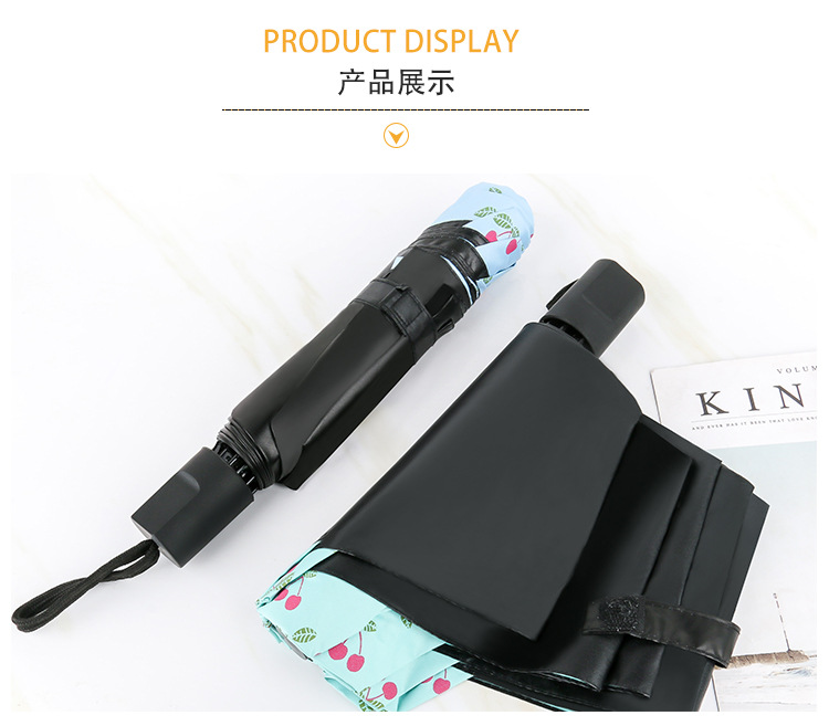 Creative folding black rubber umbrella, cute and fresh cherry three-fold sunshade umbrella, 8-bone manual sun protection and wind protection umbrella pic 7