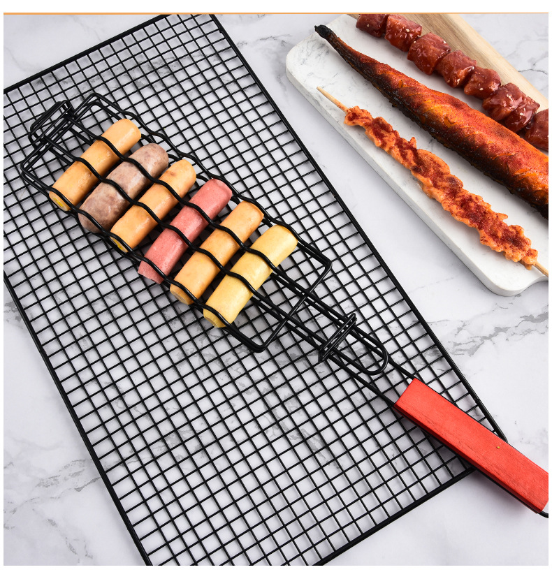 跨境户外木柄热狗烧烤夹不粘火腿香肠烤网多功能野营BBQ烧烤工具详情11