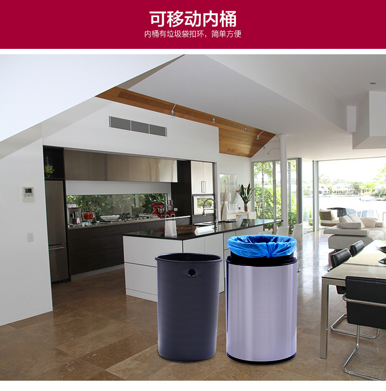 Creative trash can, double-layer thickened PP round storage bucket, household stainless steel trash can pic 6