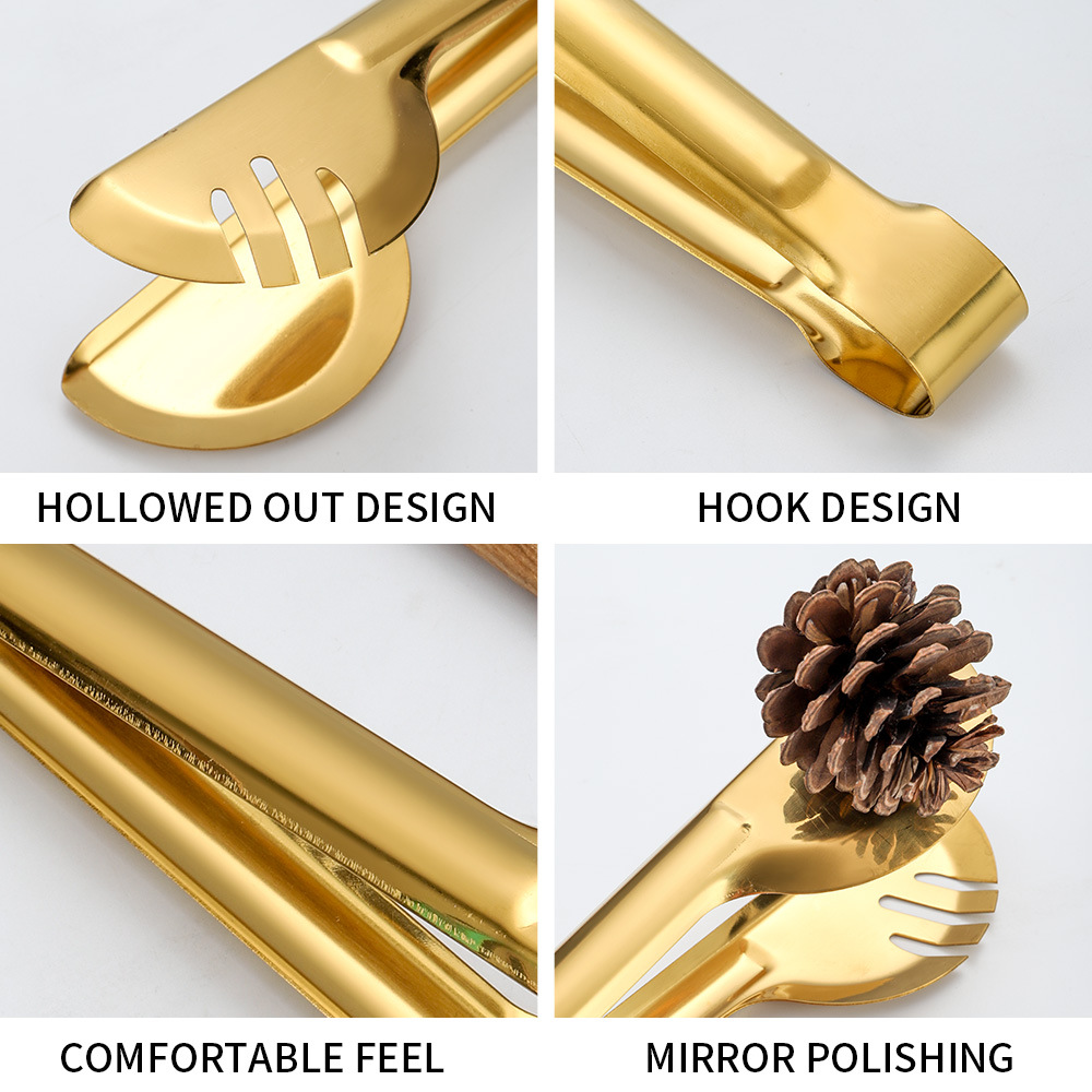 Amazon Public Services stainless steel food tongs, mirror-polished gold-plated black steak tongs, semi-round bread tongs pic 3