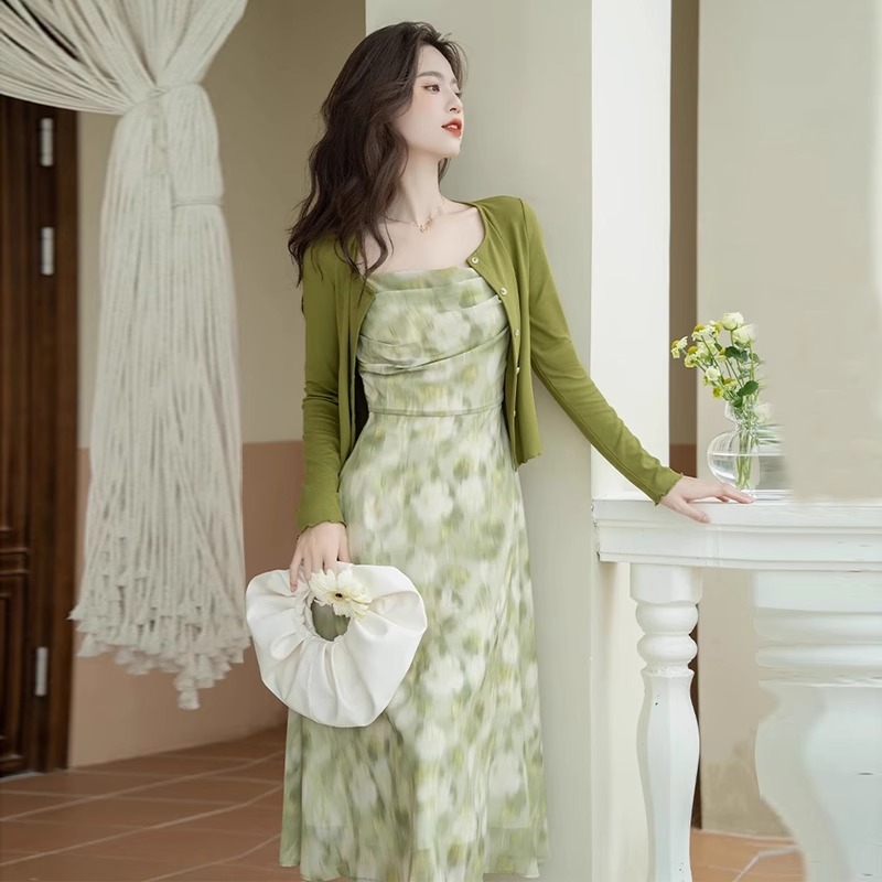 French green floral print dress for women, Summer Two-piece set 2025, versatile, super fairy-like gentle style cardigan A3118 pic 2