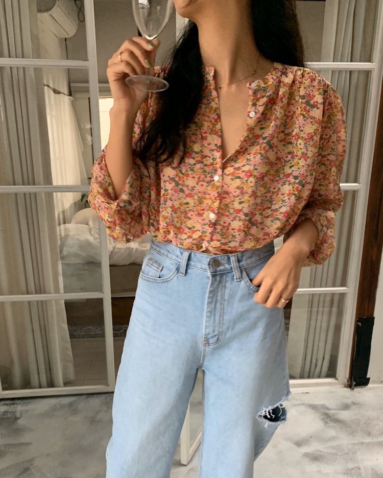 女装 ins长袖碎花雪纺衬衫女2021新款春季韩版宽松休闲单排扣上衣详情7