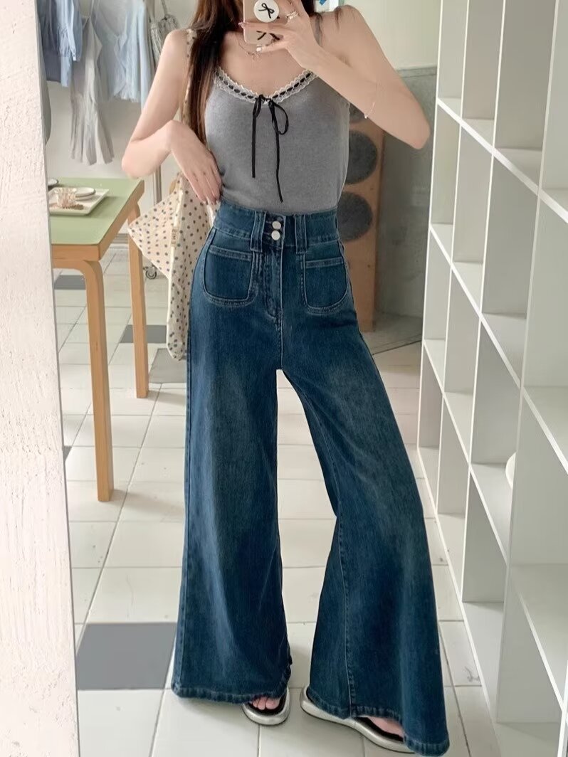 2024春秋季新款蓝色高腰宽松牛仔裤女时尚爆款设计感阔腿直筒长裤详情15