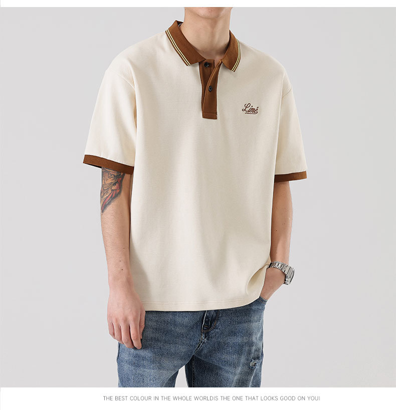 男装|夏季米色拼色翻领短袖男士珠地棉美式保罗半袖体恤打底详情6