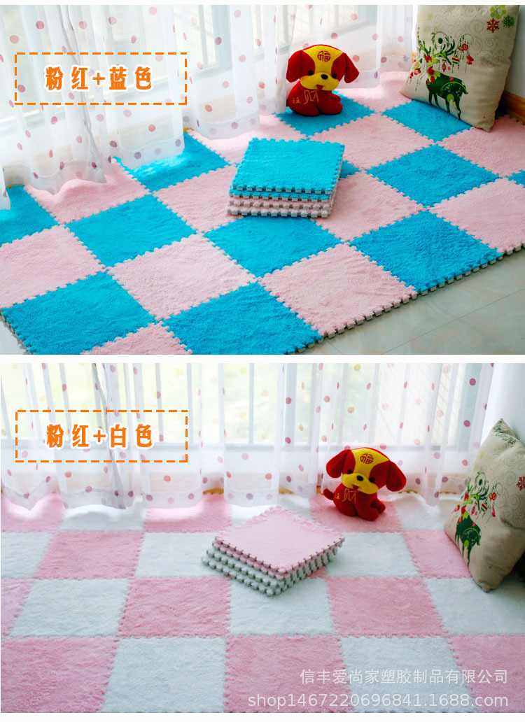 The bedroom is fully carpeted, with a plush bedside blanket in an ins style. The living room is covered with foam floor MATS and a patchwork blanket pic 14