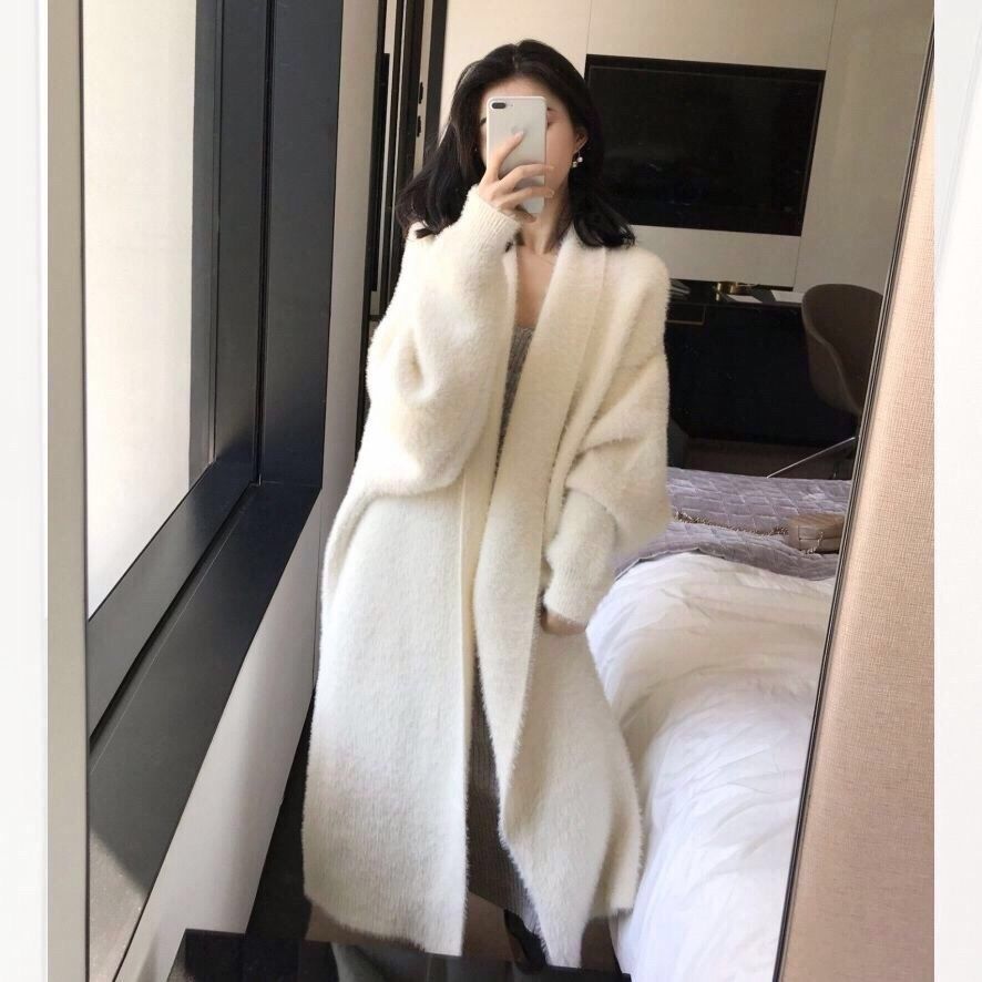2023 Spring and Autumn laid-back and loose, knee-length, thickened, pure imitation mink fleece knitted sweater cardigan for women pic 56