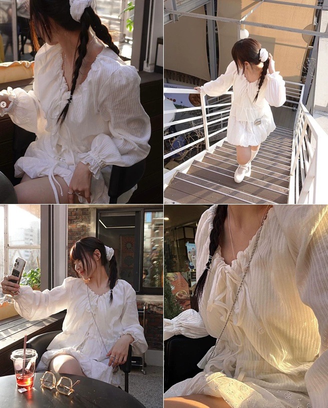 In-stock 2024 autumn new style, the same stylish bow tie drawstring shirt as Han So Hee from Dongdaemun, South Korea pic 33