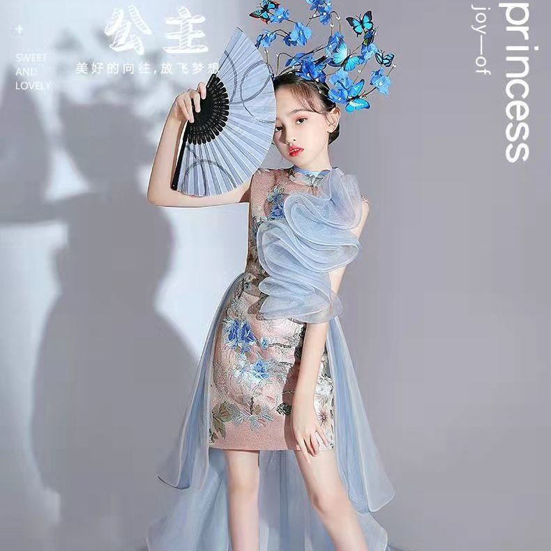 女童旗袍国潮改良夏季主持人儿童模特走秀T台潮装演出服国风礼服详情4